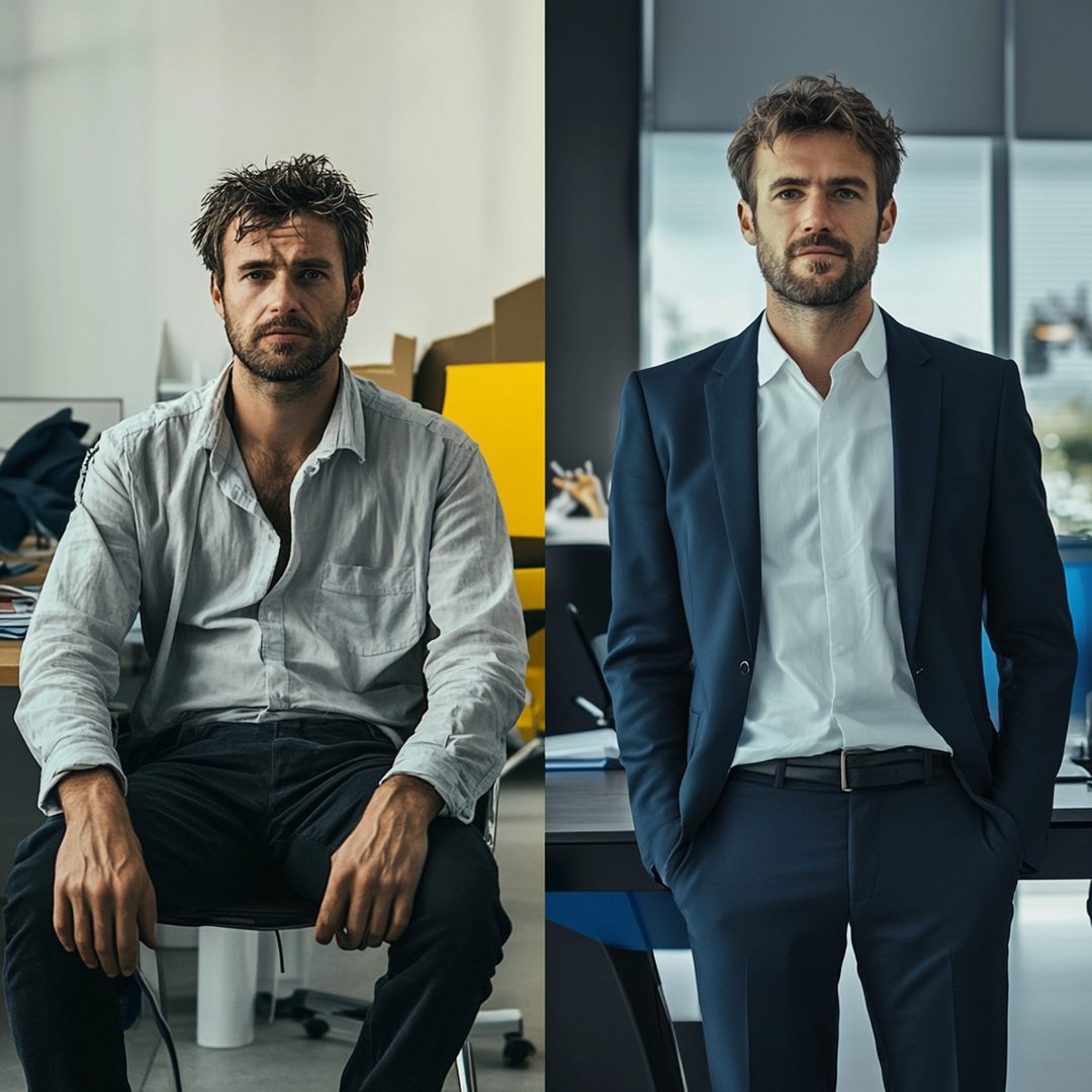 Before and after — two portraits of the same man in casual vs business attire